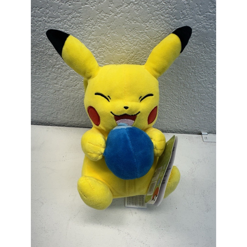 Pokemon Pikachu Plush Toy Holding Blue Pokeball Jazwares 2022 Official 8in